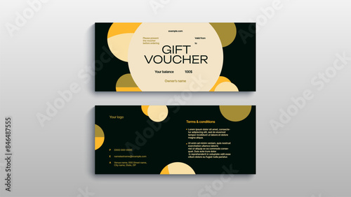 Abstract gift voucher card template. Modern discount coupon or certificate layout with geometric shape pattern. Vector fashion bright background design with information sample text.