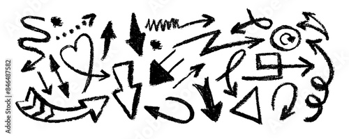 Hand drawn charcoal arrows set isolated on white background. Doodle vector ink illustration. Black arrows pointing in different directions. Grunge brush strokes.