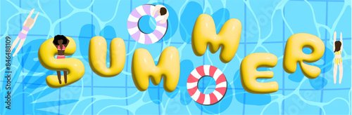 Banner summer with pool and buoy illustration. Advertising, flyer, card, banner web, background