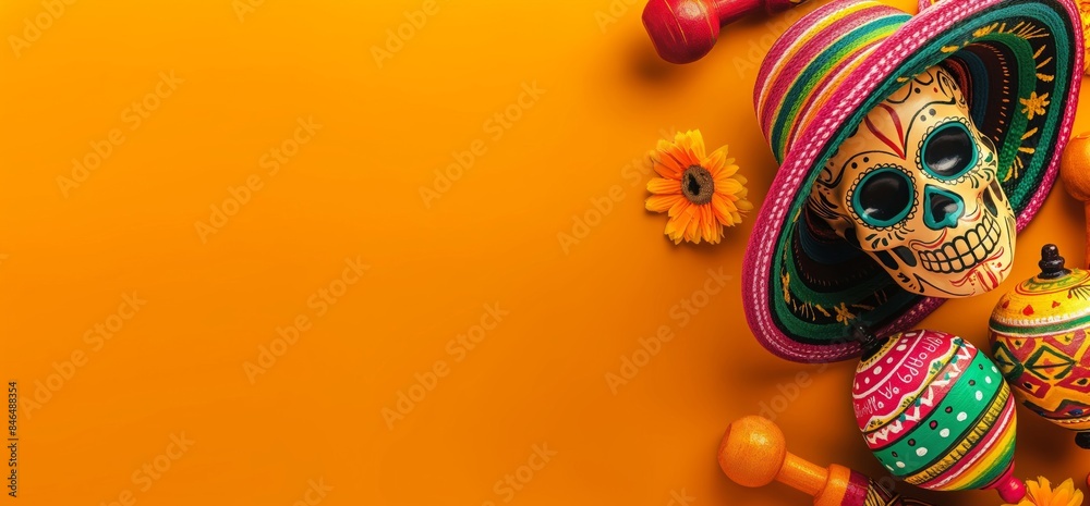 A phone mockup surrounded by pumpkins and spiders on an orange background, perfect for Halloween-themed designs. Copy space. Flat lay. Top view