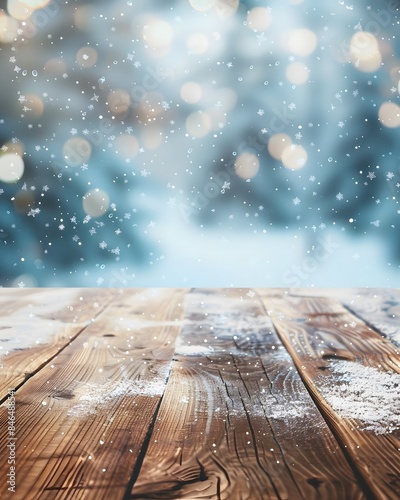 A wooden table with snowflakes and snows falling winter landscape blurred background for product display or presentation