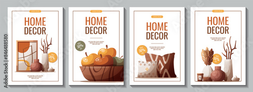 Set of flyers with vases, pillows, painting, fruits. Interior decor, cozy home concept. Vector illustration for banner, advertising, promo.