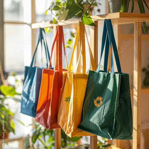 AI generated illustration of a collection of colorful reusable shopping bags on a wooden coat rack