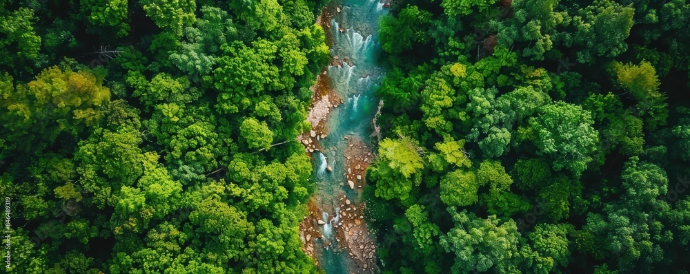Fototapeta premium Aerial view of a serene river cutting through a lush green forest, capturing the raw beauty of nature from above on a clear day.
