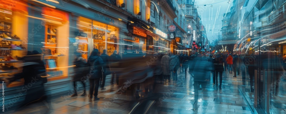 Blurred motion of people walking on a busy city street. Colorful storefronts illuminate the evening, creating a vibrant urban environment. Blurred motion of people walking on a busy city street. Colorful storefronts illuminate the evening, creating a vibrant urban environment.