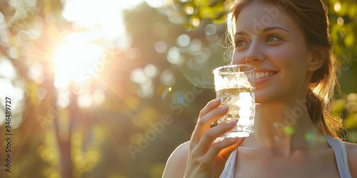 Happy woman drinking water outdoors in sunlight, enjoying a healthy and refreshing moment in nature, Gernerative AI