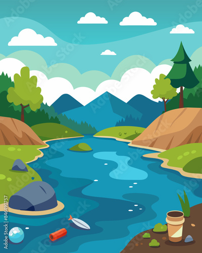 The once peaceful and tranquil lake is now filled with garbage and debris the result of careless dumping and lack of proper waste management.. Vector illustration