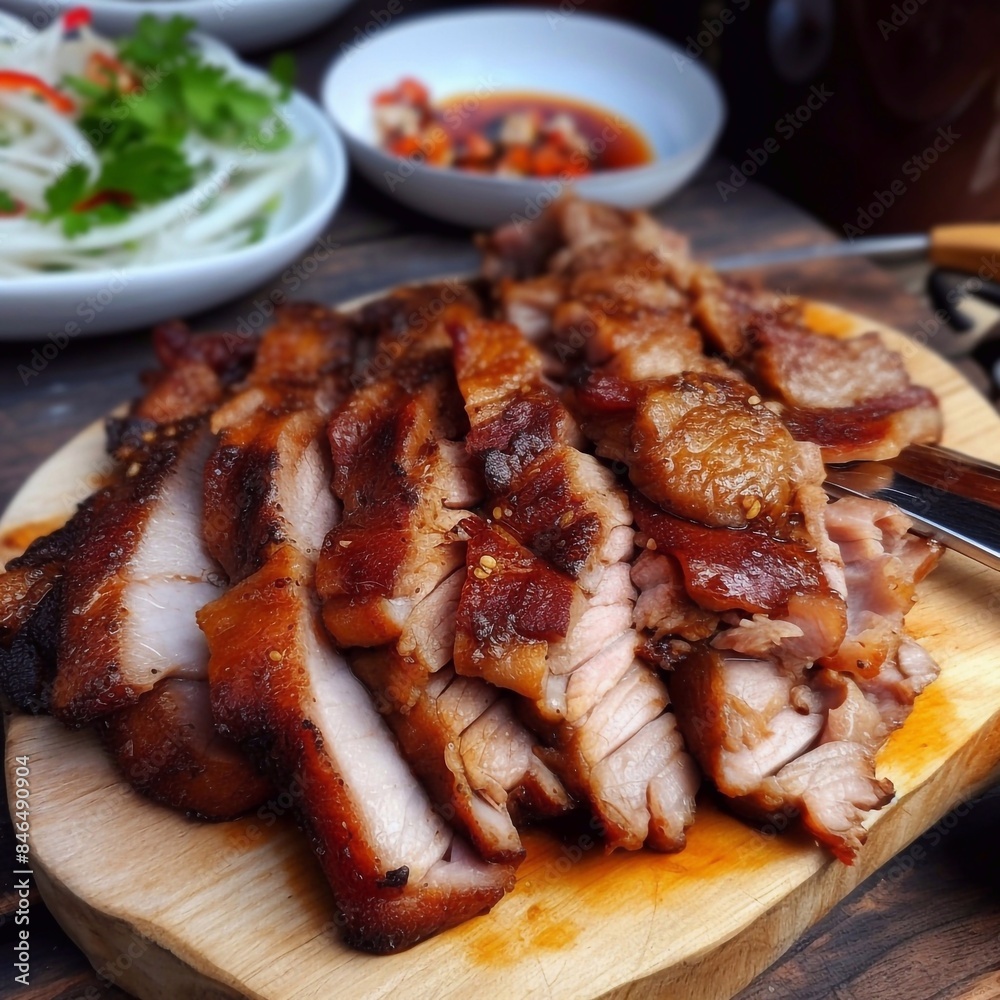 Roast pork, Grilled steak, sliced Served on a wooden cutting board, it looks delicious. Roast pork, Grilled steak, sliced Served on a wooden cutting board, it looks delicious.