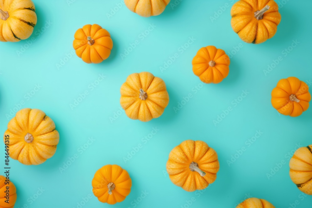 A pattern of small orange pumpkins arranged on a turquoise background, ideal for autumn or Halloween-themed designs. A pattern of small orange pumpkins arranged on a turquoise background, ideal for autumn or Halloween-themed designs.