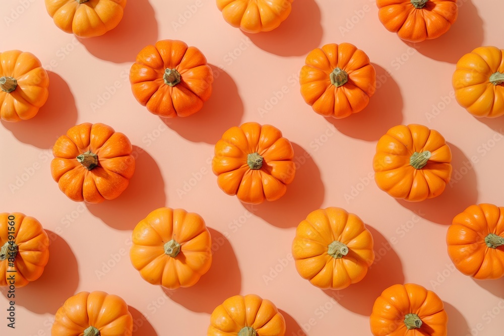 A pattern of small orange pumpkins arranged on a light orange background, perfect for autumn or Halloween-themed designs. A pattern of small orange pumpkins arranged on a light orange background, perfect for autumn or Halloween-themed designs.