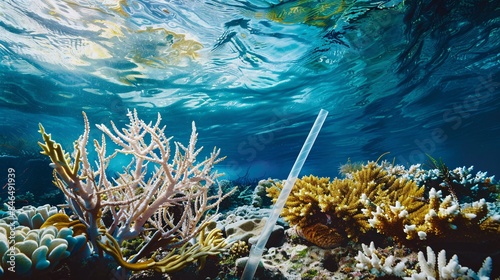 A striking visual metaphor of a plastic straw entangled with the delicate fronds of a coral reef, its toxic presence symbolizing the insidious threat posed by single-use plastics to fragile marine