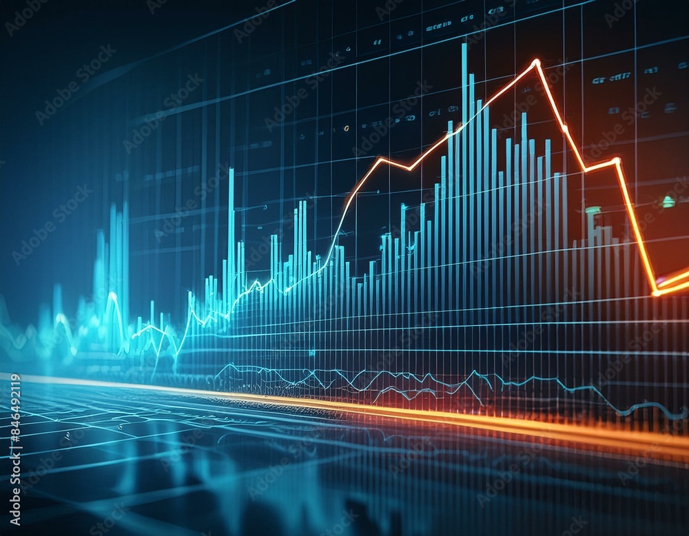 Naklejka premium Graph with a downward line displayed on a computer screen, financial decline concept, highresolution 