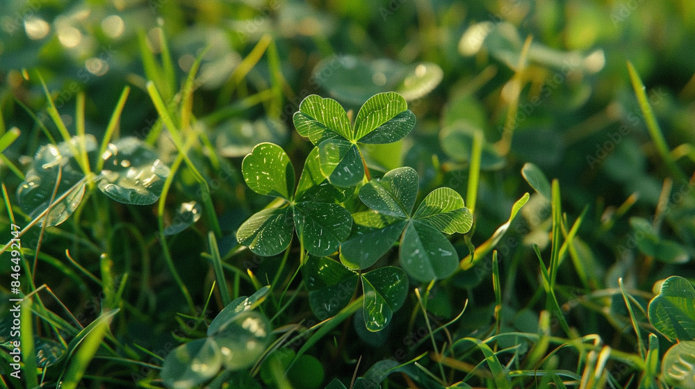 Close-up of a four-leaf clover found in a patch of grass Close-up of a four-leaf clover found in a patch of grass