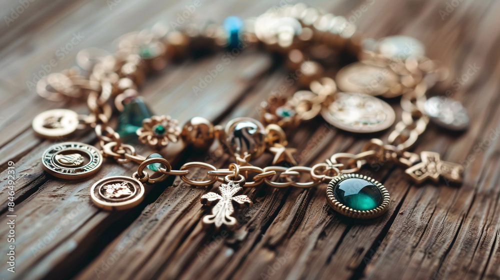 Close-up of a charm bracelet with various good luck charms Close-up of a charm bracelet with various good luck charms