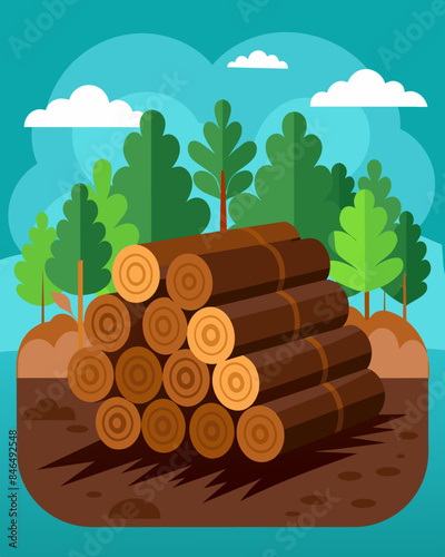 Stacks of timber logs once rooted in the earth now lay stacked as raw materials for the manufacturing industry.. Vector illustration