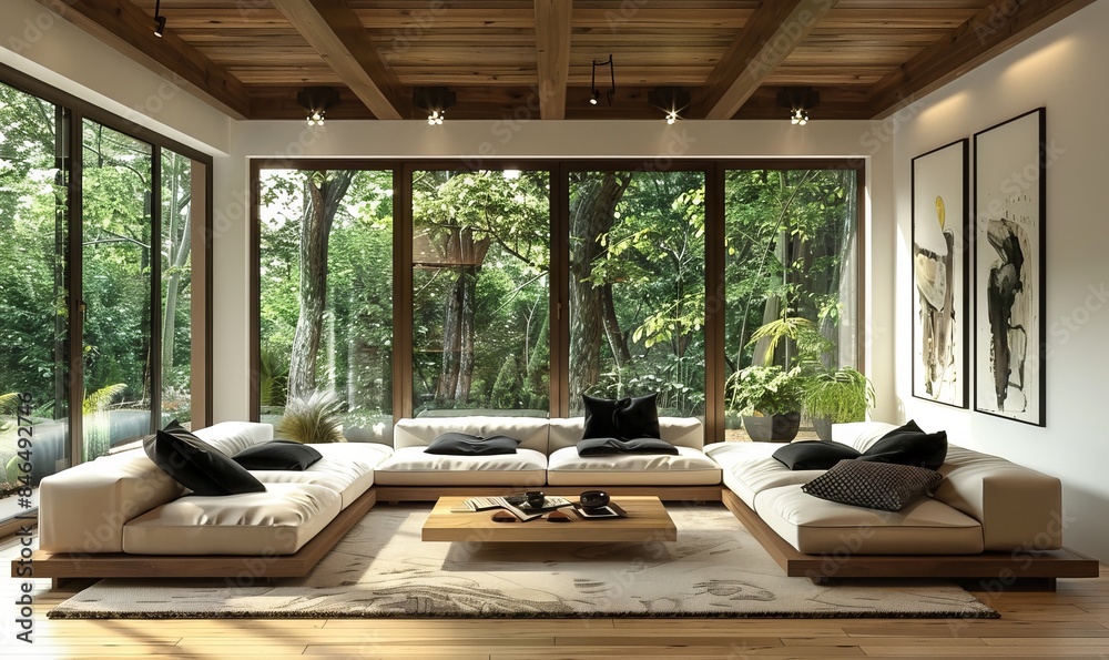 Modern living room interior design of a luxury house with a grey sofa and armchair, a table against a window Modern living room interior design of a luxury house with a grey sofa and armchair, a table against a window