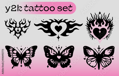 A collection of Y2K style tattoo illustrations featuring hearts and butterflies.