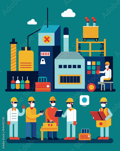 The factory facility in lockdown mode as production is halted and all hands are on deck to recall and repair the defective products.. Vector illustration