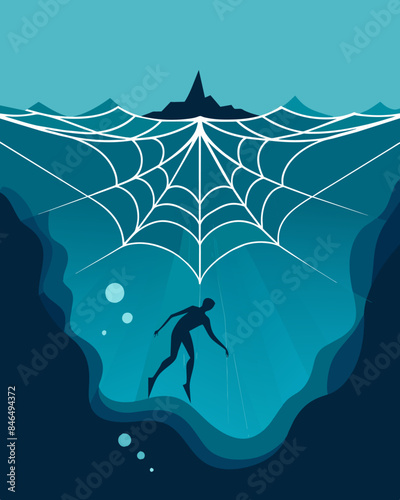 The surface of the water is calm but beneath it lies a tangled web of deceit that ensnares the person pulling them further under.. Vector illustration