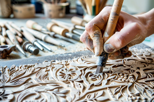 Close-up of an artisan's hands meticulously carving intricate patterns into a wooden block using chisels, surrounded by various carving tools photo