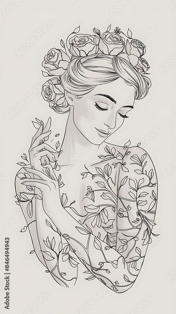 Black and White Beautiful Line Art Floral Woman Black and White Beautiful Line Art Floral Woman