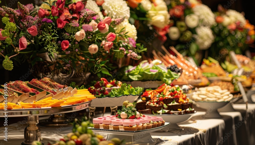Elegant buffet table with an assortment of gourmet dishes and vibrant floral arrangements, perfect for weddings or upscale events. Elegant buffet table with an assortment of gourmet dishes and vibrant floral arrangements, perfect for weddings or upscale events.