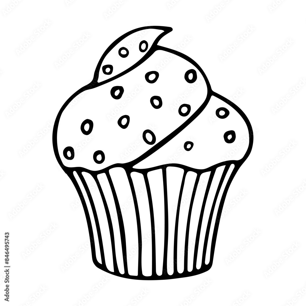 Cute cupcake in doodle style without filling with decorative cream and sprinkles. Hand draw vector food illustration for posters design. Isolated on white background. Cute cupcake in doodle style without filling with decorative cream and sprinkles. Hand draw vector food illustration for posters design. Isolated on white background.