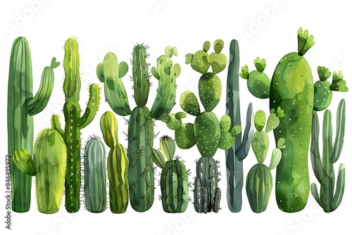 Watercolor painting of a variety of cacti, showcasing their unique shapes, sizes, and vibrant green hues against a clean white background. photo