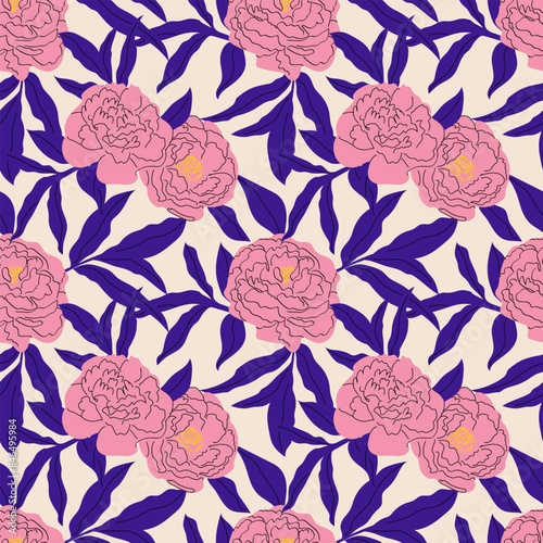 Vector seamless pattern with abstract flowers and leaves. Endless ornament with hand-drawn floral elements.