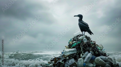 An emotive scene portraying a seabird perched atop a pile of plastic waste, its mournful cry echoing the plight of wildlife affected by ocean pollution, against a backdrop of stark realism photo