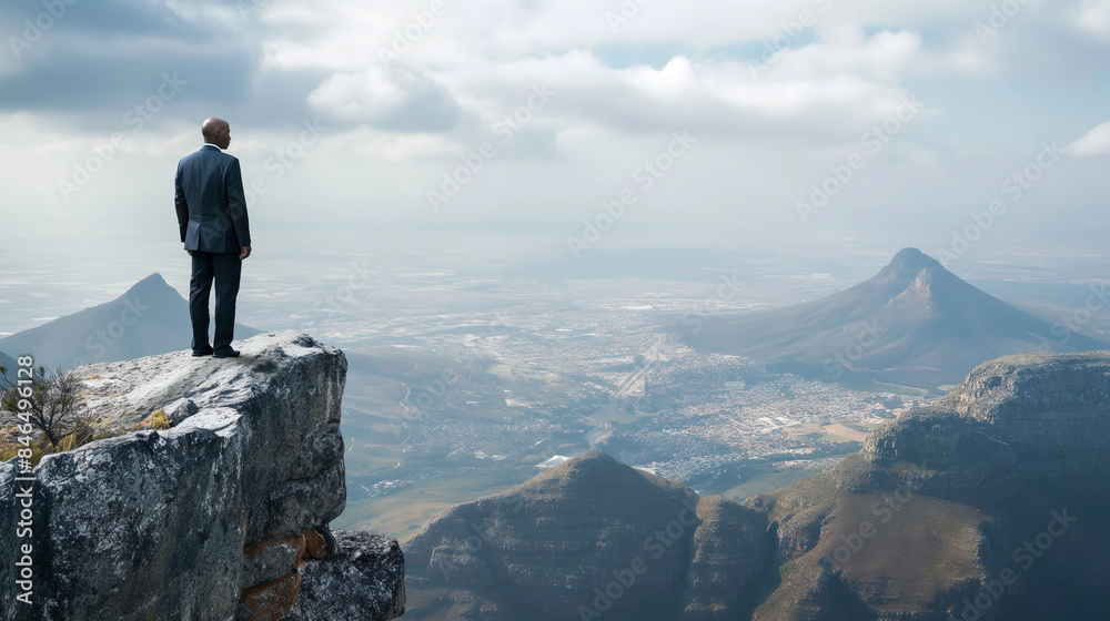 Businessman standing on a cliff overlooking a vast landscape Businessman standing on a cliff overlooking a vast landscape