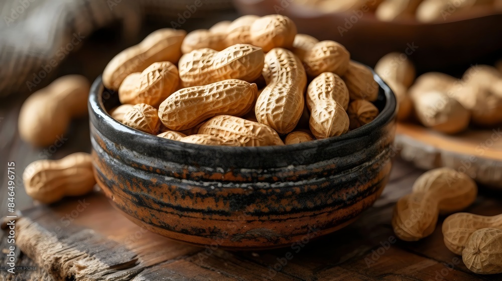 A bowl of peanuts is on a wooden table A bowl of peanuts is on a wooden table