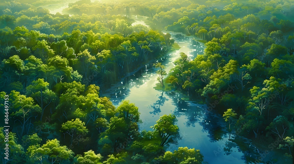 Serene Aerial View of a Lush Verdant Forest with Winding River and Dappling Sunlight Serene Aerial View of a Lush Verdant Forest with Winding River and Dappling Sunlight