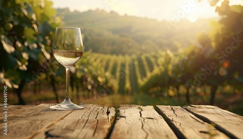 Glass of white wine on rustic wooden table overlooking sunny vineyard during the golden hour.