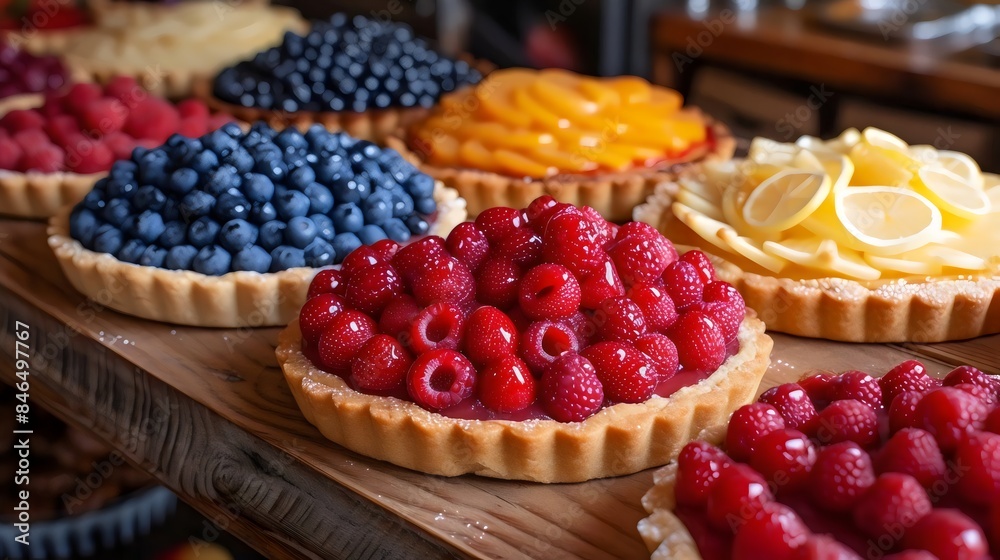 A table full of different colored pies with raspberries on top A table full of different colored pies with raspberries on top