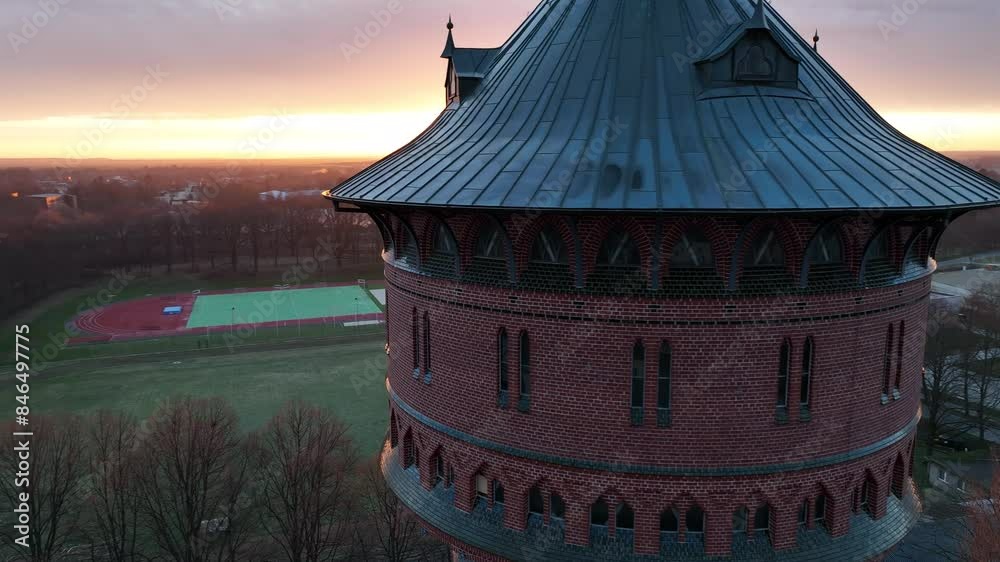 Drone footage of the historical Water Tower (Wasserturm) at sunrise in Forst (Lausitz) town, Germany