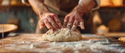Hands kneading dough on a floured surface in a rustic kitchen setting. Perfect for baking, food preparation, and culinary themes.
