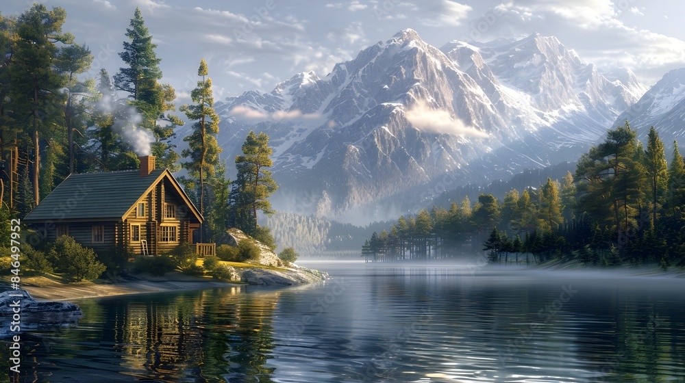 Fototapeta premium Peaceful Lakeside Retreat Amidst Towering Pine Trees and Snow Capped Mountains