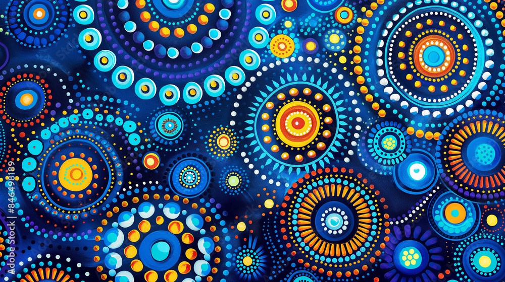 Fototapeta premium Aboriginal dot painting, bright neon Blue color foreground, kawaii, manga.