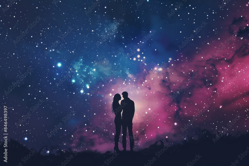 Silhouetted couple standing hand in hand, gazing at the breathtaking, star-filled night sky, evoking a sense of wonder and romance. Silhouetted couple standing hand in hand, gazing at the breathtaking, star-filled night sky, evoking a sense of wonder and romance.