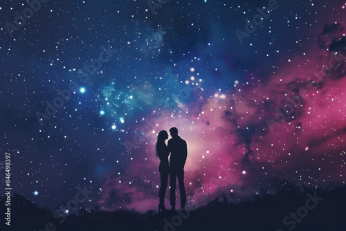 Silhouetted couple standing hand in hand, gazing at the breathtaking, star-filled night sky, evoking a sense of wonder and romance.
