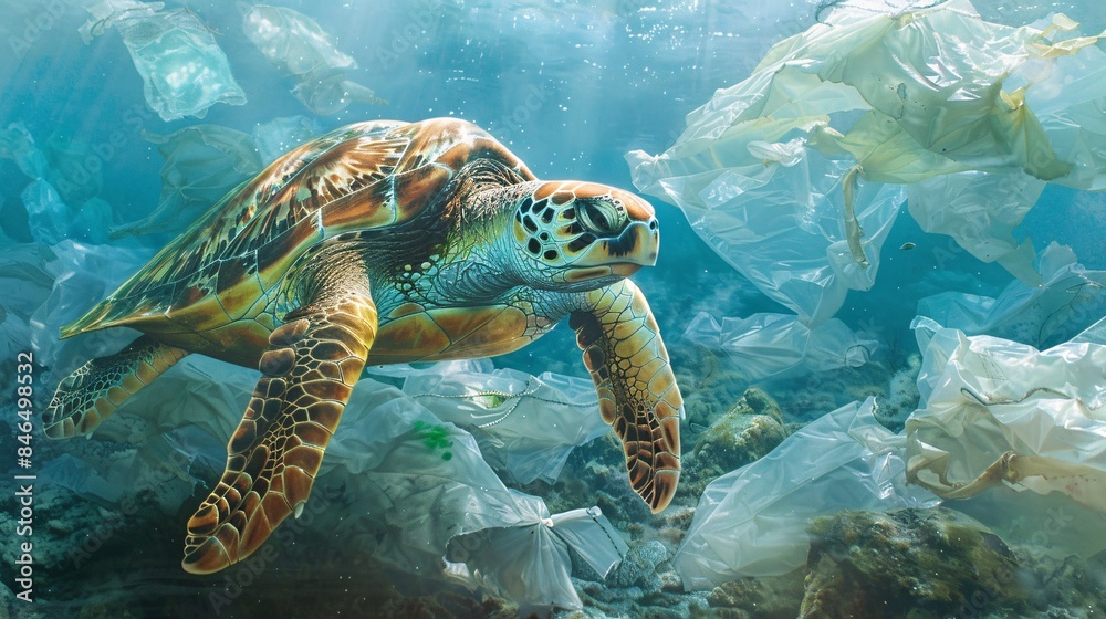 Obraz premium An emotive depiction of a sea turtle struggling to navigate through a sea of plastic bags, highlighting the urgent need for conservation efforts to protect endangered species