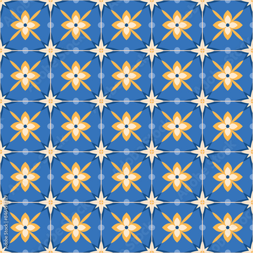Azulejo mosaic tile pattern. blue, white, yellow colored geometric motifs. Mediterranean, Portuguese, Spanish, Moroccan traditional vintage style vector background