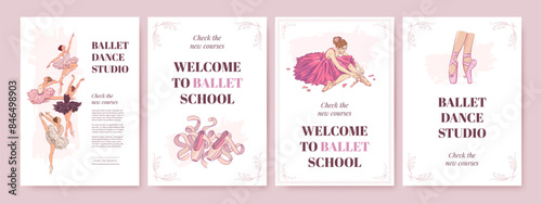 Set of ballet school poster template with hand drawn ballerina, pointe shoes on white background. Ballet studio banner, cover of flyer design. Vector illustration