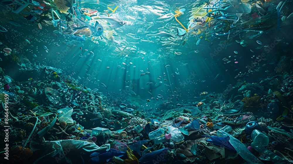Fototapeta premium A poignant representation of oceanic tranquility shattered by the sight of a plastic-laden seabed, prompting viewers to confront the harsh realities of our throwaway culture