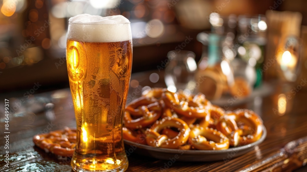 Relaxing at the Pub: Beer and Pretzels on Wooden Table