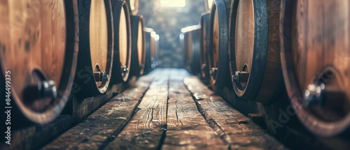 Old wooden barrels lined up in a rustic cellar with a warm light glowing at the far end, evoking a sense of tradition and craftsmanship. photo