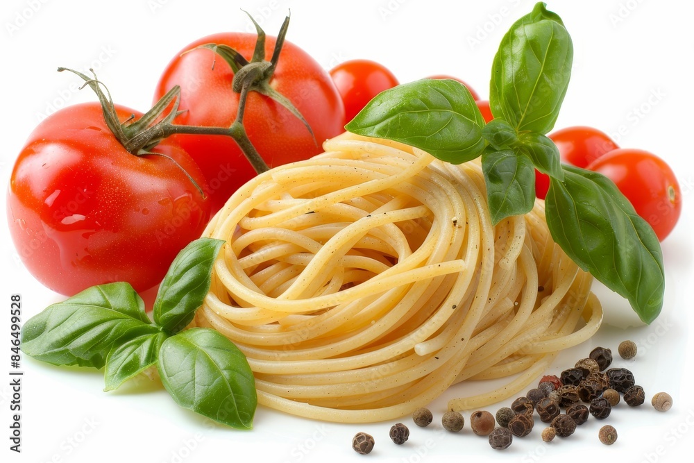 Fresh tomato and basil spaghetti plate on white background, showcasing a delightful single serving Fresh tomato and basil spaghetti plate on white background, showcasing a delightful single serving