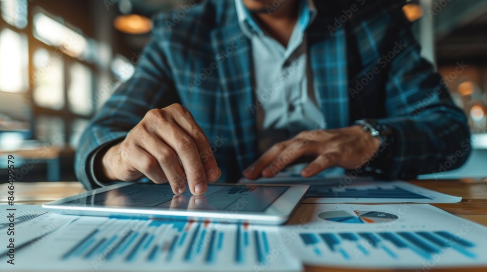 Businessman Analyzing Financial Charts on Tablet in Corporate Office Setting Businessman Analyzing Financial Charts on Tablet in Corporate Office Setting