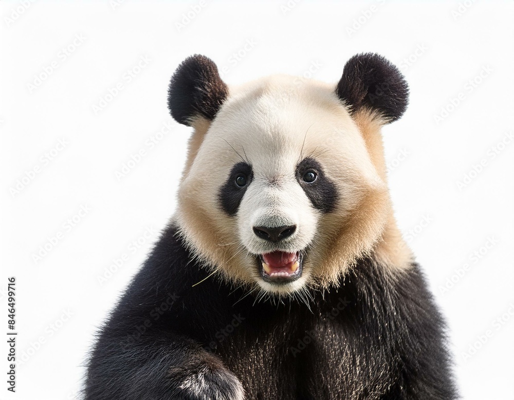 Happy funny panda hands up isolated on white background, concept of celebration, happiness, hooray, cheer up.